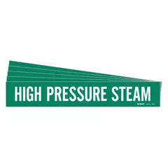 Green adhesive pipe marker with white legend reading 'High Pressure Steam' (no arrows). Fits pipe outer diameters from 2-1/2 to 7-7/8 inches. Supplied in a 5-pack for labeling steam lines in industrial piping systems.