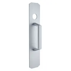 Mechanical exit device trim in silver aluminum, designed as a night latch pull for exit push bars. Suitable for doors up to 48 inches wide. ADA compliant for accessibility in commercial and institutional buildings.