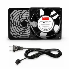 This compact axial fan delivers 60 to 64 cfm at 0.000 in static pressure. It features a polycarbonate blade, terminals with IP20 rating, and includes a cord set with NEMA 1-15 plug. Suitable for cooling and ventilation in electronic enclosures, control panels, and small equipment.
