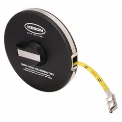 Manual closed-reel long tape measure with a 100 ft steel blade marked in inches with 1/8 in graduations. Features a single-sided scale and a nonmagnetic stainless steel single hook end. Suitable for linear measurement tasks requiring SAE graduations and a steel blade.
