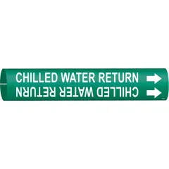 Green snap-on pipe marker with white legend 'Chilled Water Return' and directional arrows. Fits pipe outer diameters of 4 to 6 inches. Used to identify chilled water return lines in HVAC and industrial piping systems.