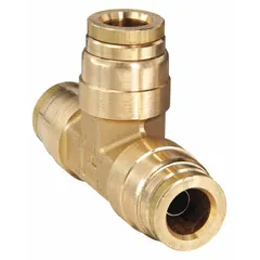 This brass tee fitting features three push-to-connect ends for 3/8 in OD tubing, enabling quick assembly without tools. It is used in pneumatic circuits and air brake systems to branch or join tube lines in industrial and mobile equipment.