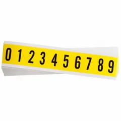 Repositionable number label set for indoor use. Includes 25 labels with black Gothic characters 0 to 9 on a yellow, non-reflective background. Character height is 1 inch. Not self-spacing or aligning; suitable for manual placement on equipment, bins, or panels.