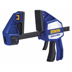 This dual-function tool serves as both a clamp and a spreader, with a max jaw opening of 6 in and a throat depth of 3 3/4 in. The adjustable range spans from 9 1/4 in to 14 7/8 in. Typical applications include woodworking, metalworking, and assembly tasks such as furniture repair, cabinet assembly, and fixture holding.