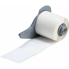 Thermal transfer precut label roll measuring 1 29/32 in x 4 in. Features a rubber, aggressive adhesive for permanent bonding. Compatible with BMP71 printer series. Used for industrial identification, asset tagging, and equipment marking.