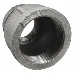 Threaded x Threaded straight reducer, Class 150, with maximum operating pressure of 300 psi @ 150° F. Connects 2 1/2 in to 1 1/2 in pipe sizes. Used in medium-pressure industrial piping systems.