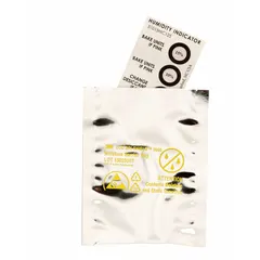 This humidity indicator card measures 3 inches in length and features three indicator dots that change color at 5%, 10%, and 15% relative humidity. Constructed from blotter paper impregnated with cobaltous chloride, it provides visual monitoring of moisture levels inside sealed packaging or enclosures. Supplied in a pack of 125 pieces.
