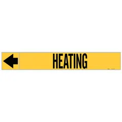 Yellow adhesive pipe marker with black legend 'Heating' and flow-direction arrows. Fits pipe outer diameters of 1-1/2 to 2 inches. Supplied on a roll of 25 markers. Used to identify pipes carrying hot water, steam, or thermal fluid in HVAC, boiler, and process heating systems.
