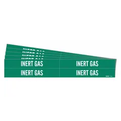 Green adhesive pipe markers with white legend reading 'Inert Gas'. Each marker fits pipe outer diameters from 3/4 to 2-3/8 inches. Pack includes 4 markers without arrows, sold in a 5-pack. Used to identify pipes carrying inert gases in industrial facilities for safety and compliance.