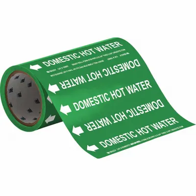 BRADY Pipe Marker: Domestic Hot Water, Green, White, Fits 2 in and Smaller Pipe O.D. - Domestic Hot Water Adhesive Pipe Markers