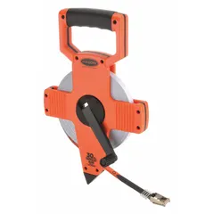 KESON OTR-30M manual open-reel tape measure with a 30 m metric fiberglass blade. Single-sided scale with 2 mm graduations. Nonmagnetic single hook end tip. Plastic case. Suitable for measuring long distances in construction, surveying, and industrial layout.