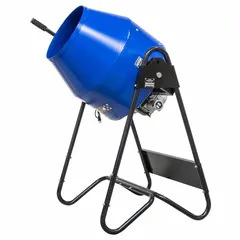 Corded concrete mixer with 3 cu ft steel drum and welded frame. Operates on 115 V power. Designed for mixing concrete in construction, renovation, and DIY applications.