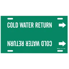 Green pipe marker with white legend reading 'Cold Water Return' and directional arrows. Fits pipe outer diameters of 10 to 15 inches. Used to identify cold water return lines in piping systems.