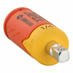 This impact socket isolator features a 1/4 in square input and output drive, with a chrome finish. It is used to protect sensitive equipment from electrostatic discharge during fastener installation in static-sensitive environments.