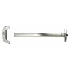 Aluminum rim-type exit device with touchbar style, designed for doors up to 3 ft wide. Includes night latch outside trim. ADA compliant. Suitable for use on commercial doors requiring safe egress.