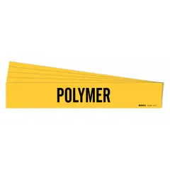 Yellow adhesive pipe marker with black legend text for identifying pipes carrying polymer. Fits pipe outer diameters from 2-1/2 to 7-7/8 inches. Pack of 5 markers, each with a single legend and no directional arrows. Suitable for use in industrial facilities to label pipe contents for safety and maintenance.