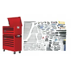 This 342-piece tool set includes 98 sockets, 5 diagonal-cutting pliers, 5 flare nut wrenches, and hex and Torx keys. SAE sizing with 1/4 in, 3/8 in, and 1/2 in socket drive sizes. Supplied with a rolling tool cabinet for organized storage and transport in industrial maintenance and repair environments.