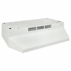 White steel recirculation hood for kitchens where external ducting is not feasible. Uses a charcoal filter to remove smoke, grease, and odors. Operates at 120 V AC with two fan speeds. 24-inch width, 0 sones rating for quiet operation.