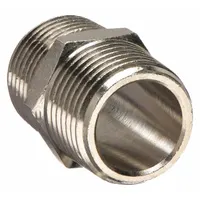 This chrome-plated threaded high-pressure pipe fitting features a 1/2 in x 1/2 in straight configuration with a maximum operating pressure of 1,200 psi and a length of 1-1/4 in. It is used to connect two pipes of the same size in straight runs, providing a leak-resistant joint in hydraulic, pneumatic, and fluid-handling systems
