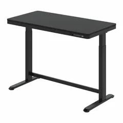 Electric adjustable-height desk with a 48-inch width and 24-inch depth. Features a black particle-board top and black steel frame. Includes a Premium Keypad with Setting Memory for storing preferred height positions. Suitable for sit-stand workstations in office or home environments.