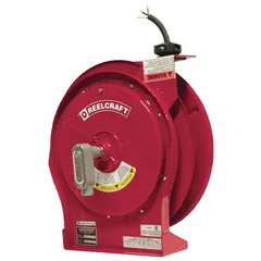 Hardwired self-retracting cord reel with ratchet lock mechanism. Features 50 ft of 12 AWG SEOOW cord terminating in bare wire, rated 600V AC. Suitable for industrial environments requiring permanent power connections to tools and equipment.