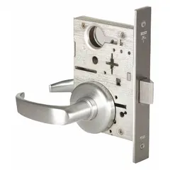 This passage lever lockset (ANSI F01) is designed for interior doors where locking is not required, such as hallways, closets, or restroom entrances. It features a satin chromium-plated stainless steel finish, is ADA compliant for accessibility, and includes an interchangeable core for quick rekeying. Not ligature-resistant and without visual indicator.