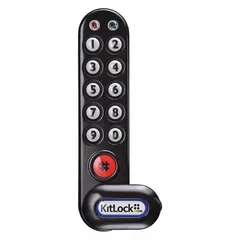 This electronic keypad lock features a powder-coated finish and a cam latch mechanism. With a body height of 1 5/16 inches and width of 5 3/8 inches, it is designed for securing cabinets, lockers, and storage units in settings such as industrial facilities, schools, gyms, and offices.
