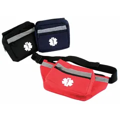 This red polyester fanny pack features a zipper closure and is designed for hands-free carrying of medical supplies or personal items. It accommodates waist sizes from 0-10 in to 30+ in, with adjustable ranges of 11-20 in and 21-30 in. Commonly used by healthcare professionals and first responders for quick access to small tools or equipment.