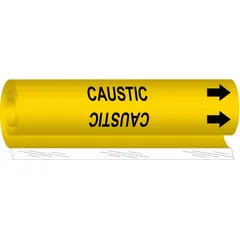 Yellow wrap-around pipe marker with black 'Caustic' legend and directional arrows. Fits pipe outer diameters from 2-1/2 to 7-7/8 inches. Used to identify piping systems carrying caustic substances in industrial facilities.