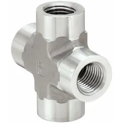 This 316 stainless steel pipe cross features four 1/2-inch connections for 90-degree branch lines in high-pressure fluid systems. Rated for 3000 psi, it is suited for hydraulic, pneumatic, and process piping applications requiring corrosion resistance.