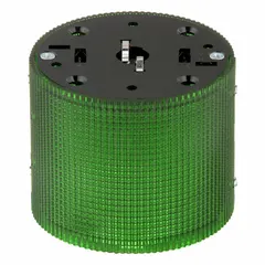 Multimode light module for industrial signaling applications. Provides green visual alerts in flashing or steady modes. Operates at 120V AC with a green lens and 3 15/16 in overall diameter. Compatible with LSL series tower light systems.