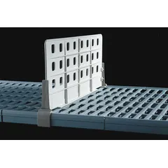 This polymer vertical divider creates compartments on plastic shelving to organize items front-to-back. It includes six dividers or ledges and is finished in taupe. Suitable for commercial kitchens, warehouses, and laboratories to improve inventory access and space efficiency.