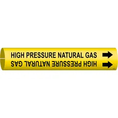 Snap-on pipe marker for identifying high-pressure natural gas lines. Yellow background with black legend text and directional arrows. Fits pipe outer diameters from 2-1/2 to 3-7/8 inches. Used in industrial piping systems to indicate pipe contents and flow direction.