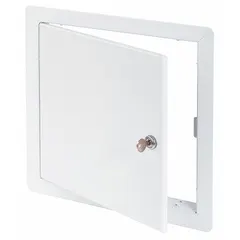 This steel locking access door measures 24 inches in width and height, with a white finish. It features a hidden pin hinge and exposed flange, designed for ceiling mounting. Suitable for providing secure access to concealed spaces in commercial and industrial settings.