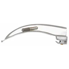 Disposable MacIntosh laryngoscope blade with fiber optic illumination for airway management during intubation. Constructed from stainless steel with a silver finish, size 3, overall length 5 1/4 in. Single-use design reduces cross-contamination risk in clinical procedures.