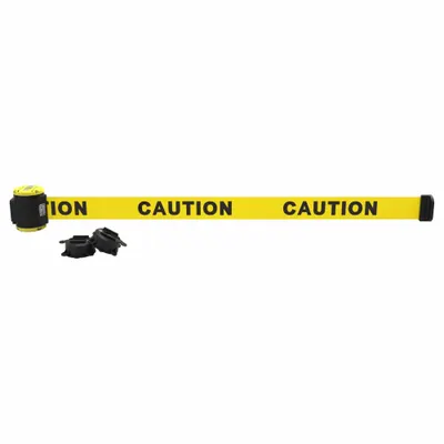 BANNER STAKES Magnetic Wall Mount Barrier: Magnet, 15 ft Belt Lg, Caution Messaging, Yellow - Magnetic-Mount Retractable Belt Barriers