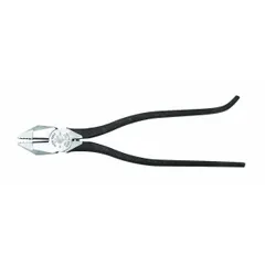 Flat-jaw pliers with an overall length of 9 1/8 in, jaw length of 1 1/4 in, jaw width of 1 1/8 in, and jaw thickness of 1/2 in. Includes a wire cutter for cutting rebar tie wire. Used for gripping, bending, and cutting wire in ironworking, steel erection, rebar tying, and general metalwork.