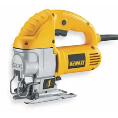 This DEWALT D-handle corded jigsaw features a 5.5 A motor delivering up to 3,100 strokes per minute with a 1-inch stroke length. Orbital action enables faster cutting in wood, metal, and plastic. The tool offers bevel capacity from 0° to 45° for angled cuts, suitable for cutting curves and intricate shapes in fabrication, construction, and maintenance tasks.
