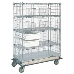 This steel medical exchange cart from METRO features 4 shelves and 0 drawers, with a caster configuration of (2) swivel and (2) swivel with brake. It is used in healthcare facilities for transporting and organizing medical supplies during exchange rounds, providing maneuverability and stability.