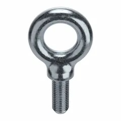 Steel, zinc-plated machinery eye bolt with shoulder, featuring a 1"-8 thread size and 2 1/2 in thread length. Designed for lifting applications, the shoulder provides a secure seating surface when attaching slings, hooks, or cables to tapped holes in equipment. Nut not included. Made in USA.