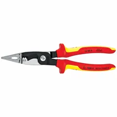 This 8-inch insulated multifunction wire stripper handles 14 AWG wire and performs crimping, cutting, deburring, and looping. It features a deluxe cushion grip for comfort. Typical applications include electrical wiring, panel assembly, and general maintenance tasks requiring a single tool for multiple wire-processing steps.
