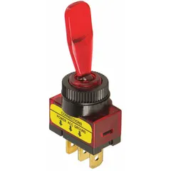 Panel-mount SPST toggle switch with On/Off function. Red actuator and stem. Illuminates when in the 'On' position. Three connections with 1/4 in male terminals. Suitable for automotive auxiliary circuits and accessories.
