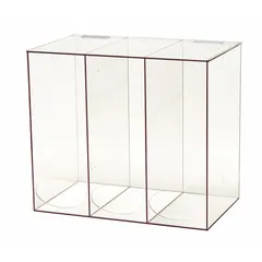 This table-mount dispenser is designed for bulk dispensing of shoe covers. It features a hinged top and a 3-compartment stack layout, constructed from clear PETG. The unit measures 15 3/4 in x 9 1/2 in x 14 in and has a capacity of 168 hairnets. Suitable for industrial or cleanroom environments requiring quick access to disposable covers.