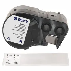 Precut label roll cartridge containing vinyl wraparound labels with white matte finish. Each label measures 4 in x 1 1/2 in and is designed for wire gauges from 1 AWG to 500 kcmil. Compatible with M510 printer series; requires R4300 ribbon. Used for permanent wire and cable identification in industrial panel building, electrical maintenance, and asset tagging.