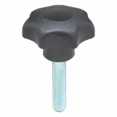 This 7-arm knob features a plastic body with a steel threaded stud, M10 thread, and 45 mm thread length. The 50 mm diameter multi-arm design provides ergonomic grip for manual adjustment and clamping on machinery, jigs, and fixtures.