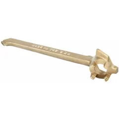 This T-type drum bung plug wrench is designed for standard plug and bung sizes from 3/4 in to 2 in. It includes a pressure relief feature for safe opening of pressurized drums. Commonly used in industrial maintenance for accessing drums containing chemicals, oils, or other liquids.