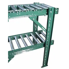This steel support stand is designed for permanent mounting in multi-tier conveyor systems. It accommodates a 13-inch between frame width and offers an adjustable height range from 3 3/4 inches to 82 inches. The green finish provides corrosion resistance. Typical applications include elevating and stabilizing conveyor sections in material handling lines.