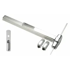 Surface vertical rod exit device with touchbar and thumbpiece pull. Chrome finish. Designed for doors up to 3 ft wide. Used on commercial egress doors requiring push-pad operation and vertical rod latching.