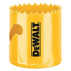 Bi-metal hole saw for cutting wood, metal, and plastic. Features 4/5 teeth per inch and a maximum cutting depth of 1-3/4 inches. Commonly used in electrical, plumbing, and HVAC installations for creating clean holes in panels, studs, and conduit boxes.