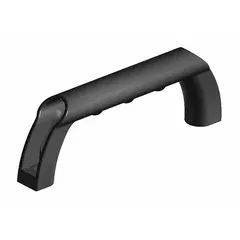 Metric handle made of black polyamide with unfinished finish. Drop-in mounting type; fasteners not included. Suitable for use on machinery doors, panel access points, and industrial enclosures where a non-conductive grip is required.
